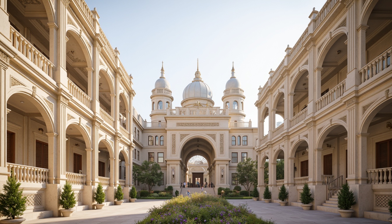 Prompt: Ornate community buildings, neoclassical architecture, grandiose columns, intricate moldings, ornamental facades, symmetrical compositions, creamy stone walls, decorative cornices, elegant archways, refined details, subtle color palette, soft afternoon light, shallow depth of field, 1/1 composition, realistic textures, ambient occlusion.