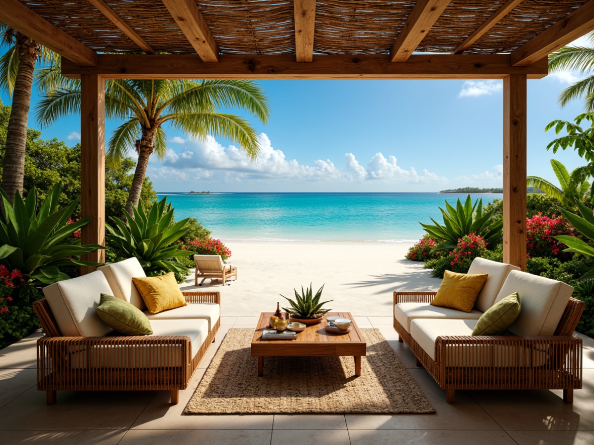 Prompt: Vibrant tropical getaway, lush greenery, exotic flowers, warm sandy beach, crystal-clear turquoise water, elegant rattan furniture, natural woven textiles, rich wood accents, bold colorful artwork, refreshing ocean breeze, soft warm lighting, shallow depth of field, 3/4 composition, panoramic view, realistic textures, ambient occlusion.