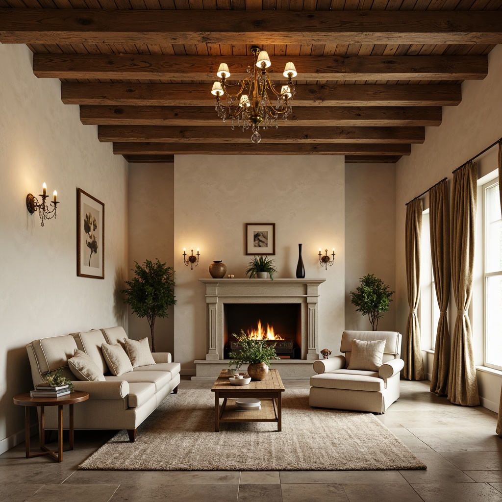 Prompt: Rustic wooden beams, soft warm lighting, golden chandeliers, ornate metal fixtures, cream-colored walls, distressed wood furniture, plush velvet drapes, elegant crystal sconces, natural stone floors, warm beige tones, traditional French country architecture, cozy intimate spaces, subtle shadows, 1/1 composition, realistic textures, ambient occlusion.