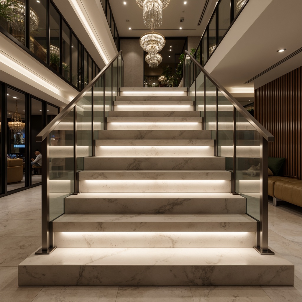 Prompt: Modern staircase, sleek metal railing, glass balusters, polished chrome accents, minimalist design, open risers, floating treads, LED strip lighting, warm white glow, soft ambient illumination, subtle shadows, dramatic ceiling fixtures, crystal chandeliers, pendant lights, recessed lighting, hidden light sources, indirect illumination, futuristic ambiance, luxurious atmosphere, high-end finishes, marble or wooden steps, sophisticated color palette.