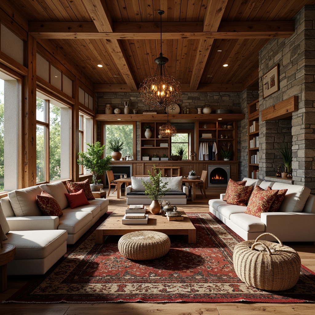 Prompt: Cozy great room interior, rich wood accents, plush area rugs, comfortable seating, warm fireplaces, textured stone walls, rustic wooden beams, soft warm lighting, shallow depth of field, 3/4 composition, natural earthy tones, woven baskets, vintage decorative items, luxurious fabrics, elegant chandeliers, ambient occlusion.