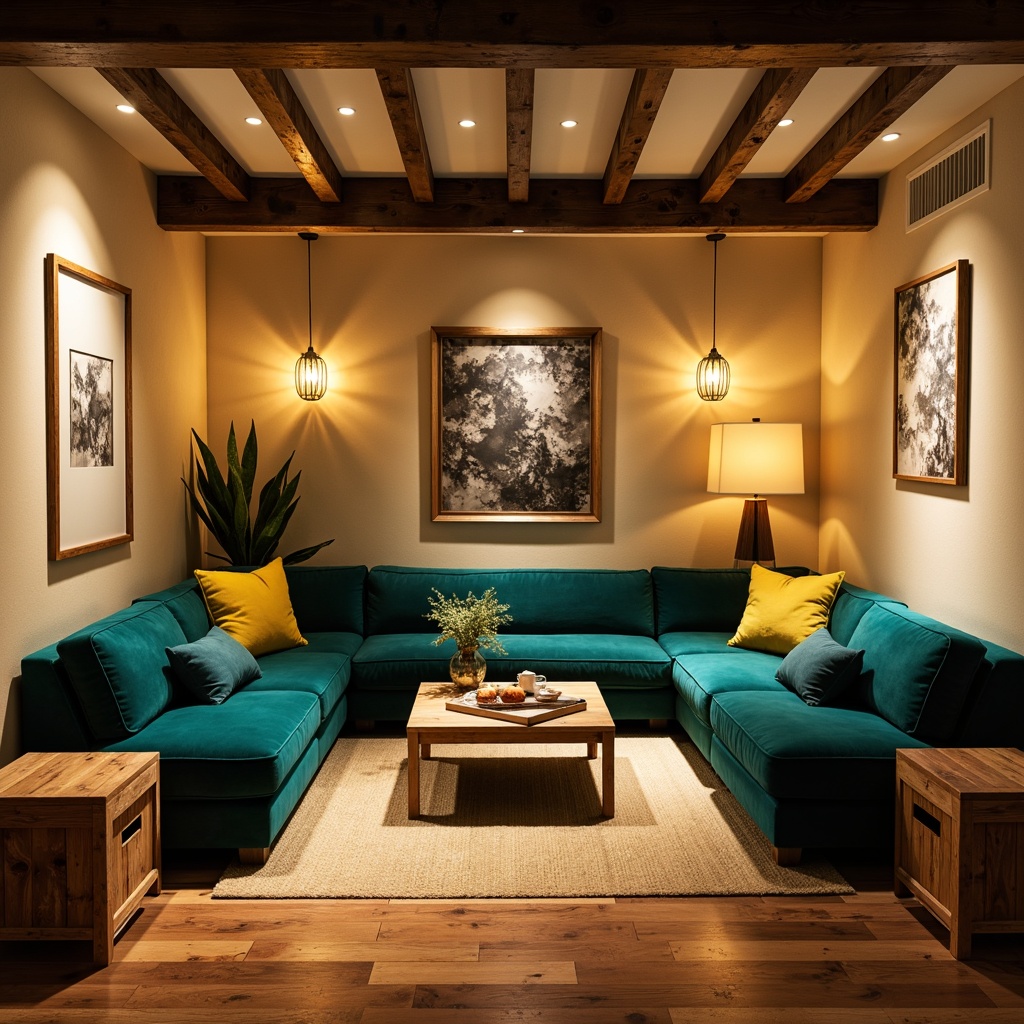 Prompt: Cozy basement, warm earthy tones, soft beige walls, rich walnut flooring, comfortable velvet sofas, vibrant turquoise accents, natural stone textures, industrial metal beams, rustic wooden crates, intimate low ceilings, warm yellow lighting, soft focus, shallow depth of field, 1/2 composition, realistic materials, ambient occlusion.