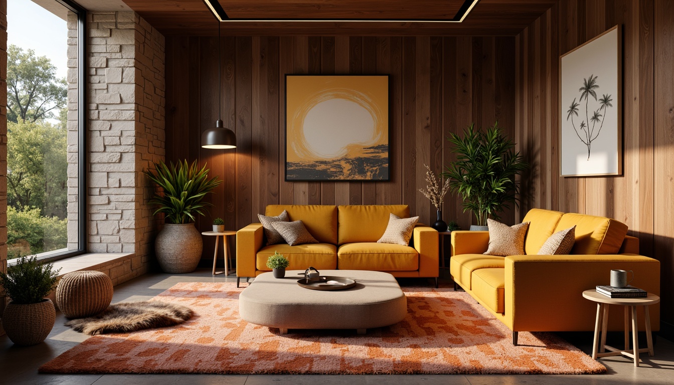 Prompt: Cozy living room, rich wood paneling, plush carpet flooring, comfortable sofas, vibrant throw pillows, natural stone walls, earthy color palette, warm ambient lighting, soft shadows, 3/4 composition, shallow depth of field, realistic textures, ambient occlusion, modern minimalist furniture, elegant curves, subtle patterns, tactile upholstery, inviting atmosphere.