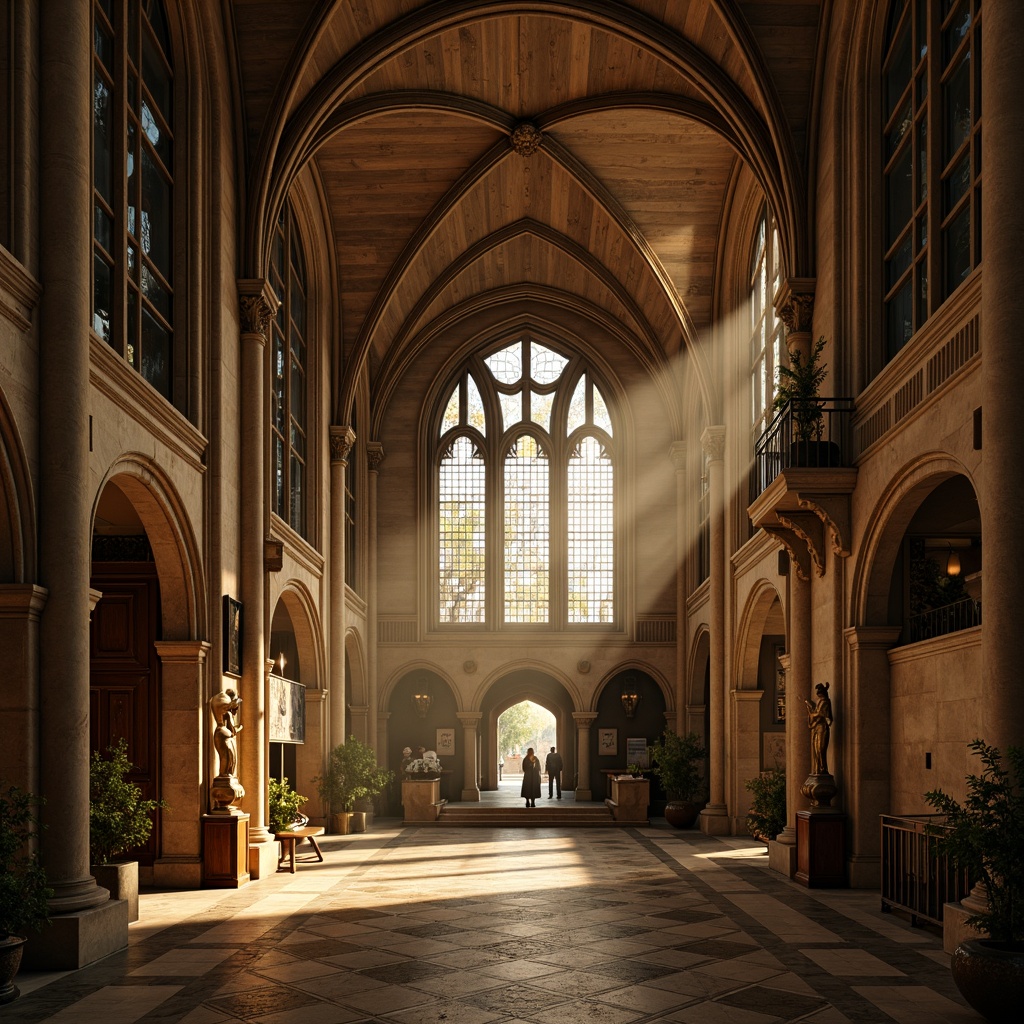 Prompt: Intricate stone carvings, ribbed vaults, pointed arches, flying buttresses, grandiose entranceways, ornate gargoyles, stained glass windows, richly patterned floor tiles, high ceilings, dramatic verticality, mystical ambiance, warm golden lighting, atmospheric fog, cinematic composition, symmetrical framing, detailed textures, realistic materials.