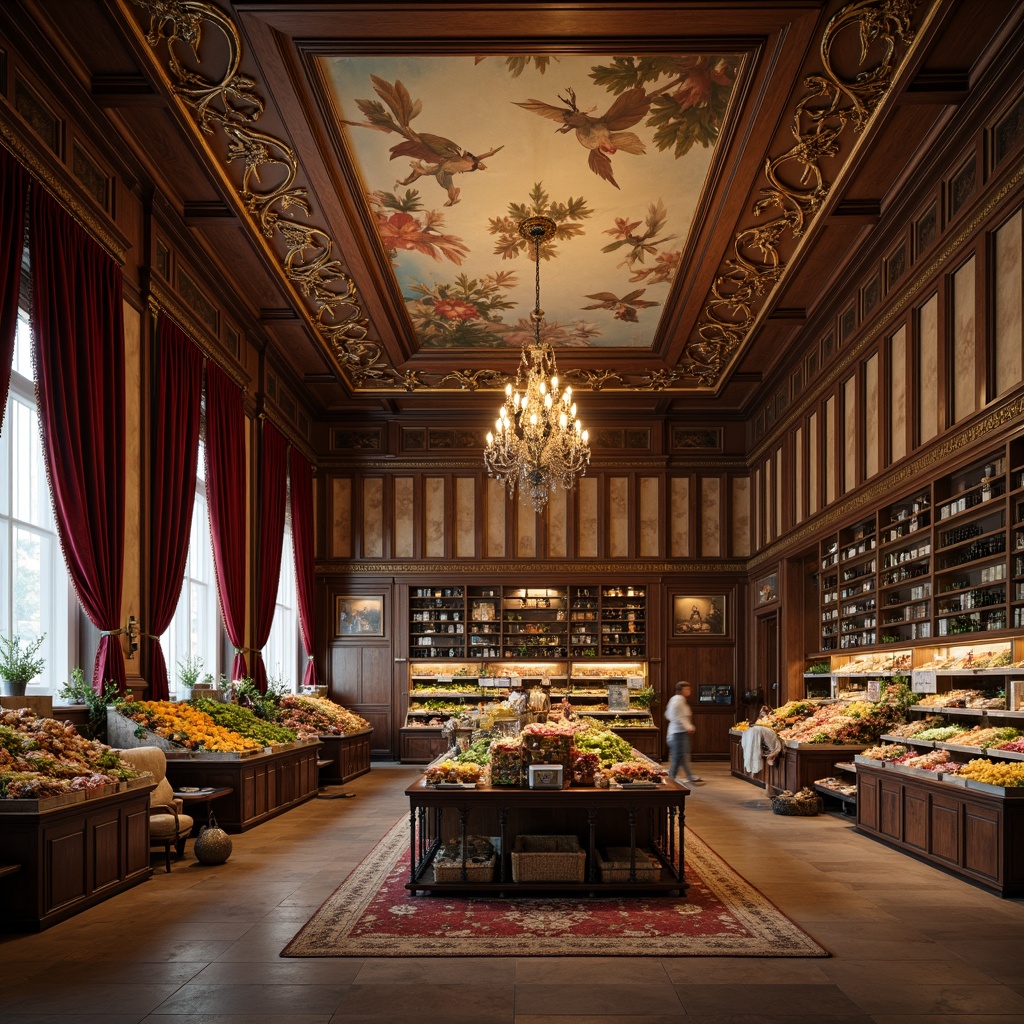 Prompt: Renaissance-style grocery store interior, ornate fresco ceiling, grand chandelier lighting, rich wood paneling, luxurious velvet drapes, gilded mirrors, intricately carved wooden shelves, ornamental metalwork, rustic stone walls, warm earthy tones, soft ambient lighting, subtle depth of field, 1/1 composition, intimate atmosphere, realistic textures, ambient occlusion.