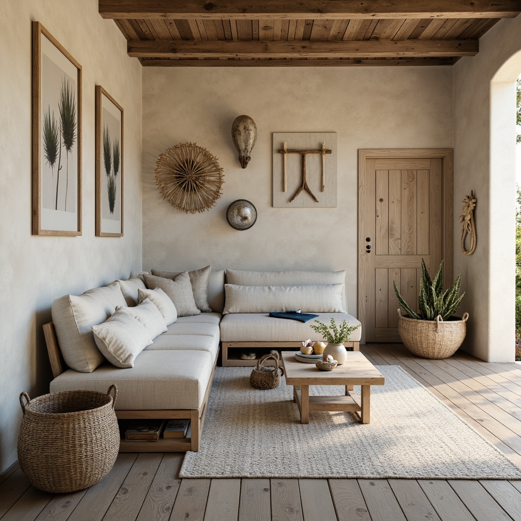 Prompt: Calming coastal storage room, soft sandy beige walls, weathered wood accents, ocean-inspired blues, crisp whites, natural textiles, woven baskets, driftwood decor, nautical ropes, subtle shells, sea-salt air, warm golden lighting, shallow depth of field, 1/2 composition, relaxed atmosphere, realistic textures.