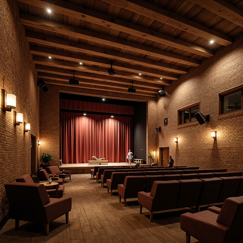 Prompt: Rustic performing arts center, wooden beam ceiling, exposed brick walls, reclaimed wood floors, vintage lighting fixtures, comfortable plush seating, tiered audience layout, intimate stage setting, natural stone accents, earthy color palette, warm cozy ambiance, softbox lighting, 2/3 composition, shallow depth of field, realistic textures, ambient occlusion.