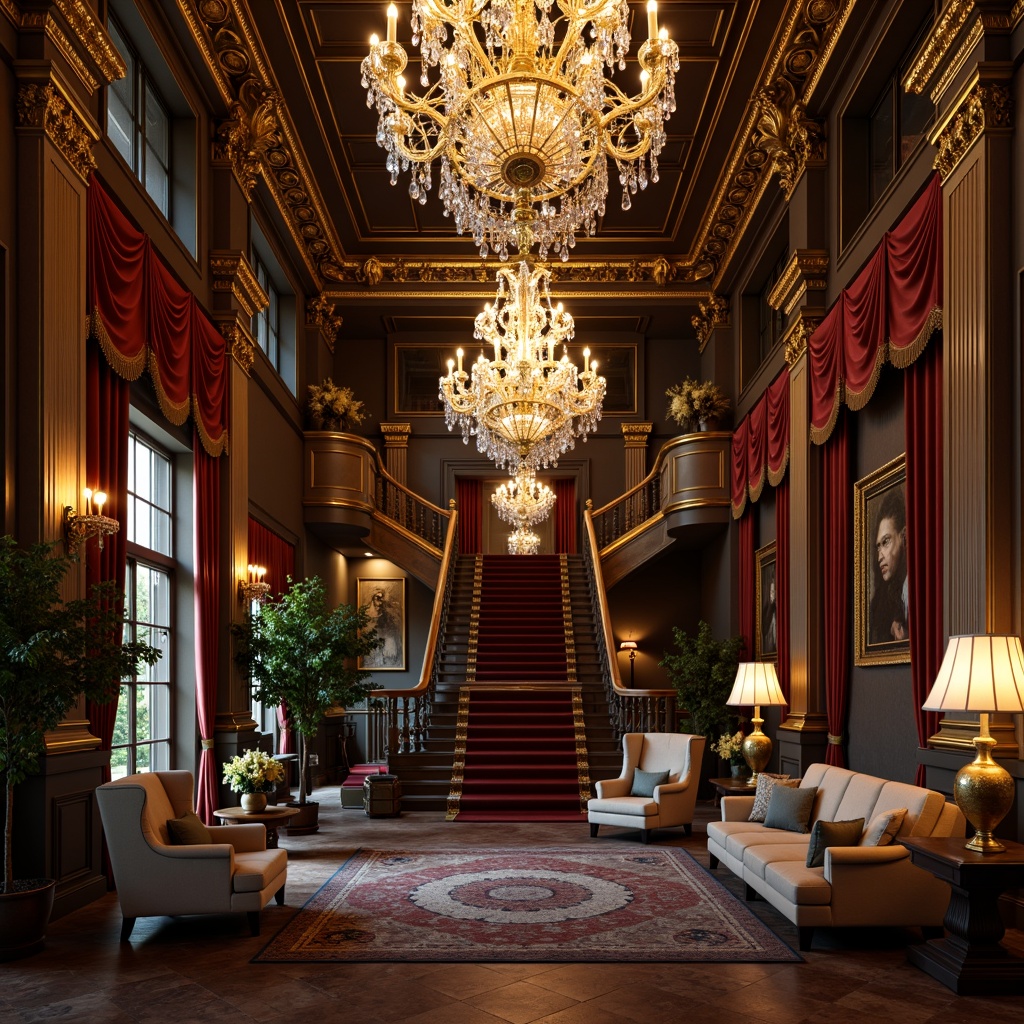 Prompt: Opulent chandeliers, crystal drops, golden accents, ornate metalwork, intricate carvings, velvet drapes, rich wood tones, marble floors, grand staircase, lavish furnishings, warm candlelight, soft warm glow, dramatic shadows, high contrast lighting, 1/2 composition, shallow depth of field, realistic textures, ambient occlusion.