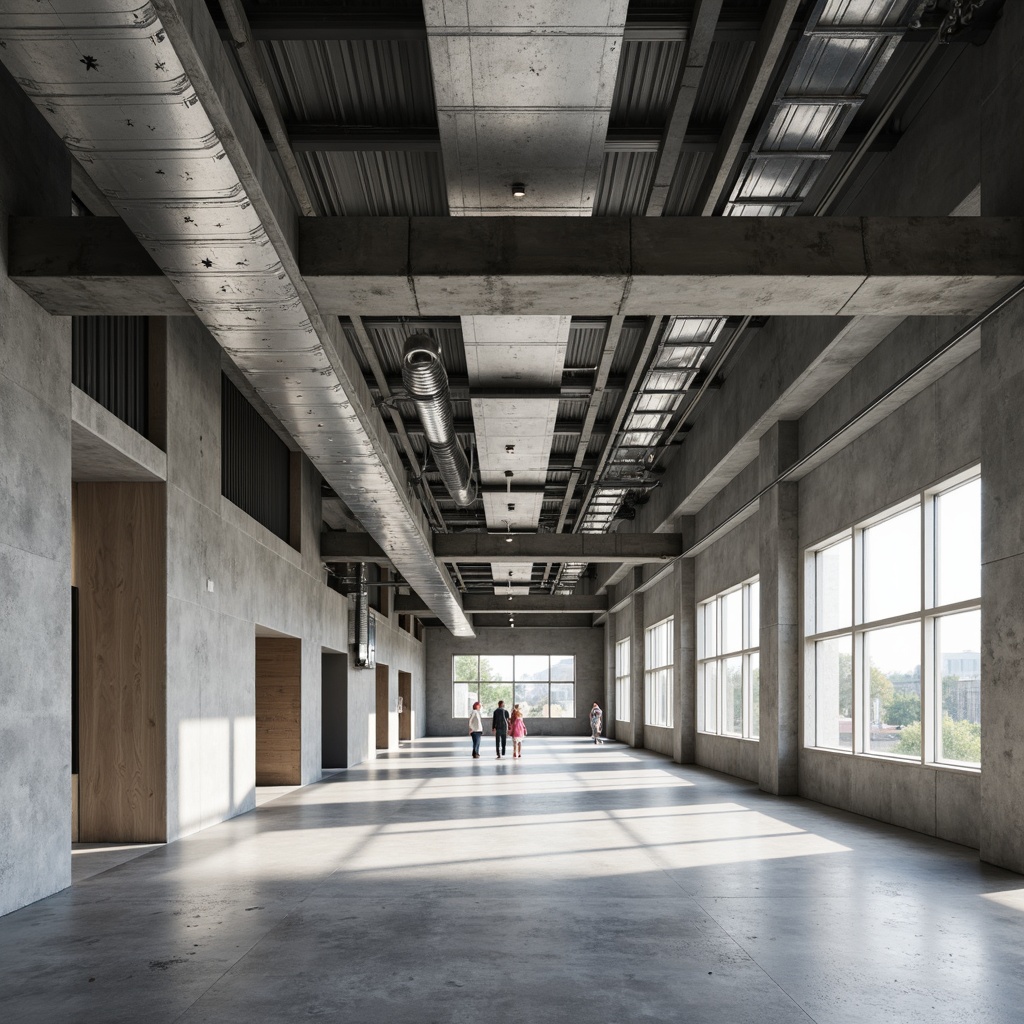 Prompt: Industrial facility, exposed ductwork, polished concrete floors, plasticrete walls, steel beams, modern minimalist aesthetic, neutral color palette, functional design, energy-efficient systems, sustainable building materials, recycled plastic components, textured surfaces, subtle gradient effects, soft diffused lighting, 1/1 composition, realistic renderings, ambient occlusion.