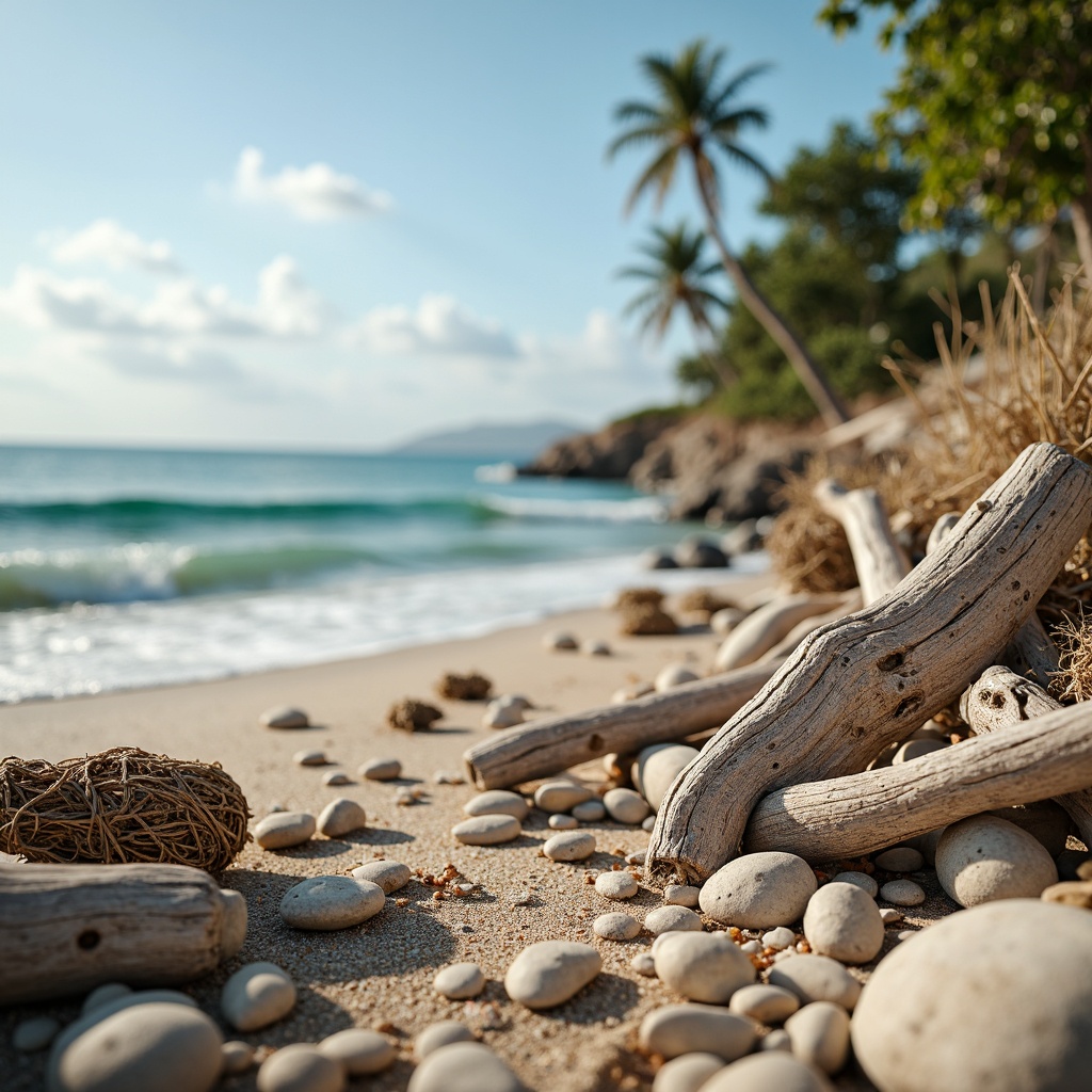 Prompt: Weathered driftwood accents, distressed beachy textures, soft ocean breeze, serene coastal atmosphere, calming turquoise hues, natural woven fibers, organic pebble-inspired patterns, rustic nautical ropes, sun-bleached wooden planks, sea-salt infused colors, gentle wave motions, shallow depth of field, 1/1 composition, warm golden lighting, realistic weathering effects, ambient occlusion.