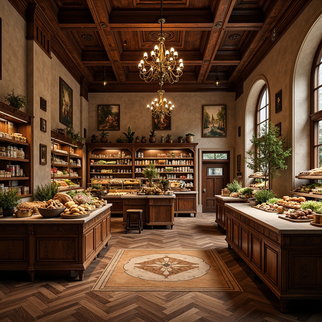 Prompt: Luxurious Renaissance-inspired grocery store, rich wooden flooring, dark stained walnut planks, ornate inlays, marble accents, grand high ceilings, elegant chandeliers, warm golden lighting, classic European-style cabinetry, ornamental metalwork, distressed finishes, vintage apothecary fixtures, rustic stone walls, earthy tones, soft warm atmosphere, 1/1 composition, shallow depth of field, realistic textures.