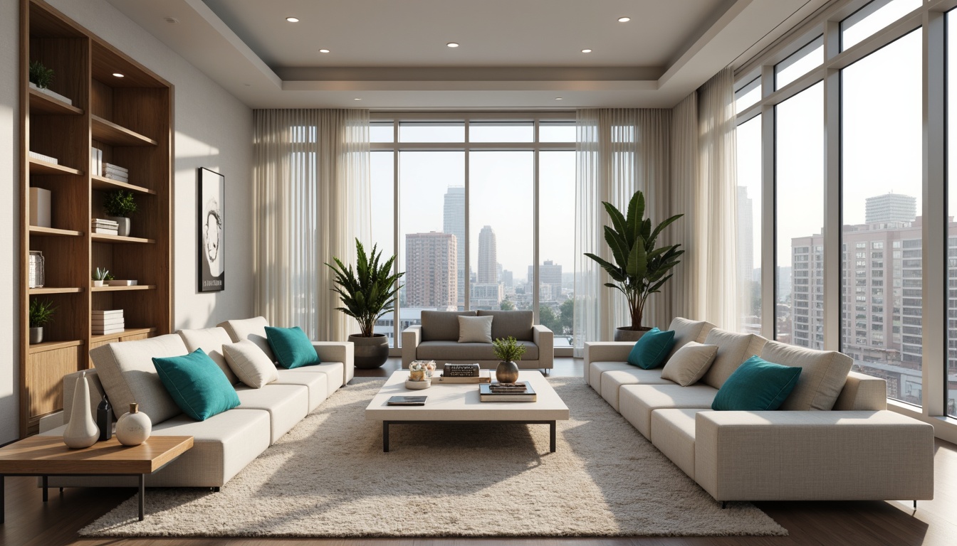 Prompt: Modern living room, neutral color palette, creamy whites, rich grays, taupe accents, bold pops of turquoise, geometric patterns, sleek low-profile furniture, floor-to-ceiling windows, urban cityscape views, soft warm lighting, shallow depth of field, 3/4 composition, realistic textures, ambient occlusion.