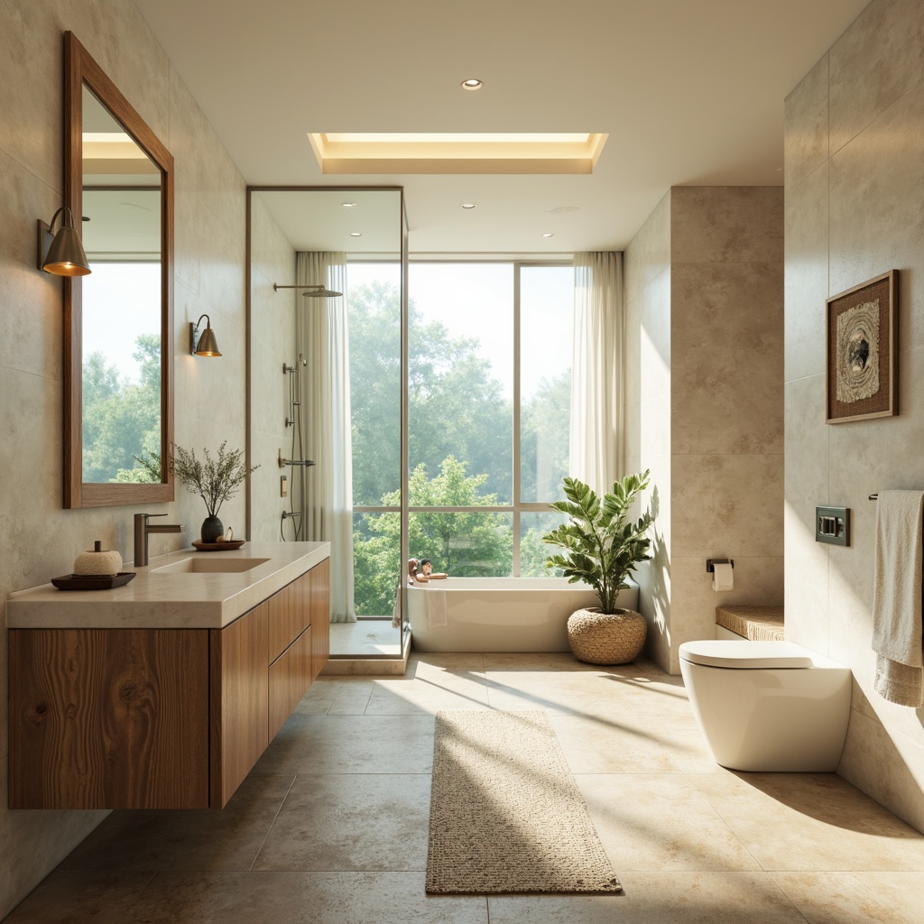 Prompt: Calming bathroom atmosphere, soft warm lighting, cream-colored walls, earthy tone flooring, sleek modern fixtures, glass shower doors, minimalist chrome accents, serene aqua hues, spa-inspired ambiance, natural stone countertops, woven textiles, gentle watercolor patterns, 1/1 composition, shallow depth of field.