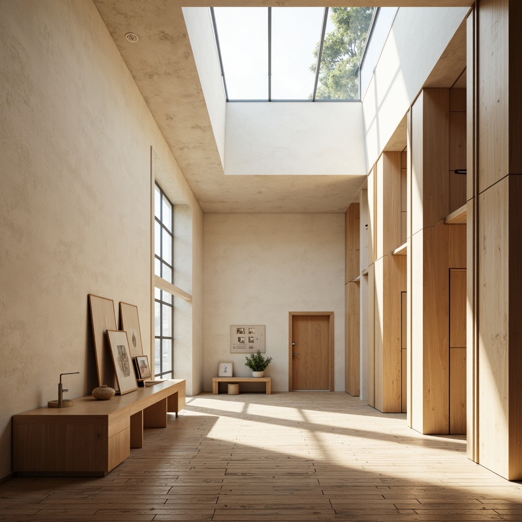 Prompt: Minimalist museum interior, Nordic design elements, natural wood accents, light-colored walls, floor-to-ceiling windows, clerestory windows, soft diffused lighting, gentle shadows, warm beige tones, rustic wooden floors, sleek metal fixtures, subtle texture variations, calm atmosphere, serene ambiance, 1/2 composition, soft focus, shallow depth of field, realistic materials, ambient occlusion.