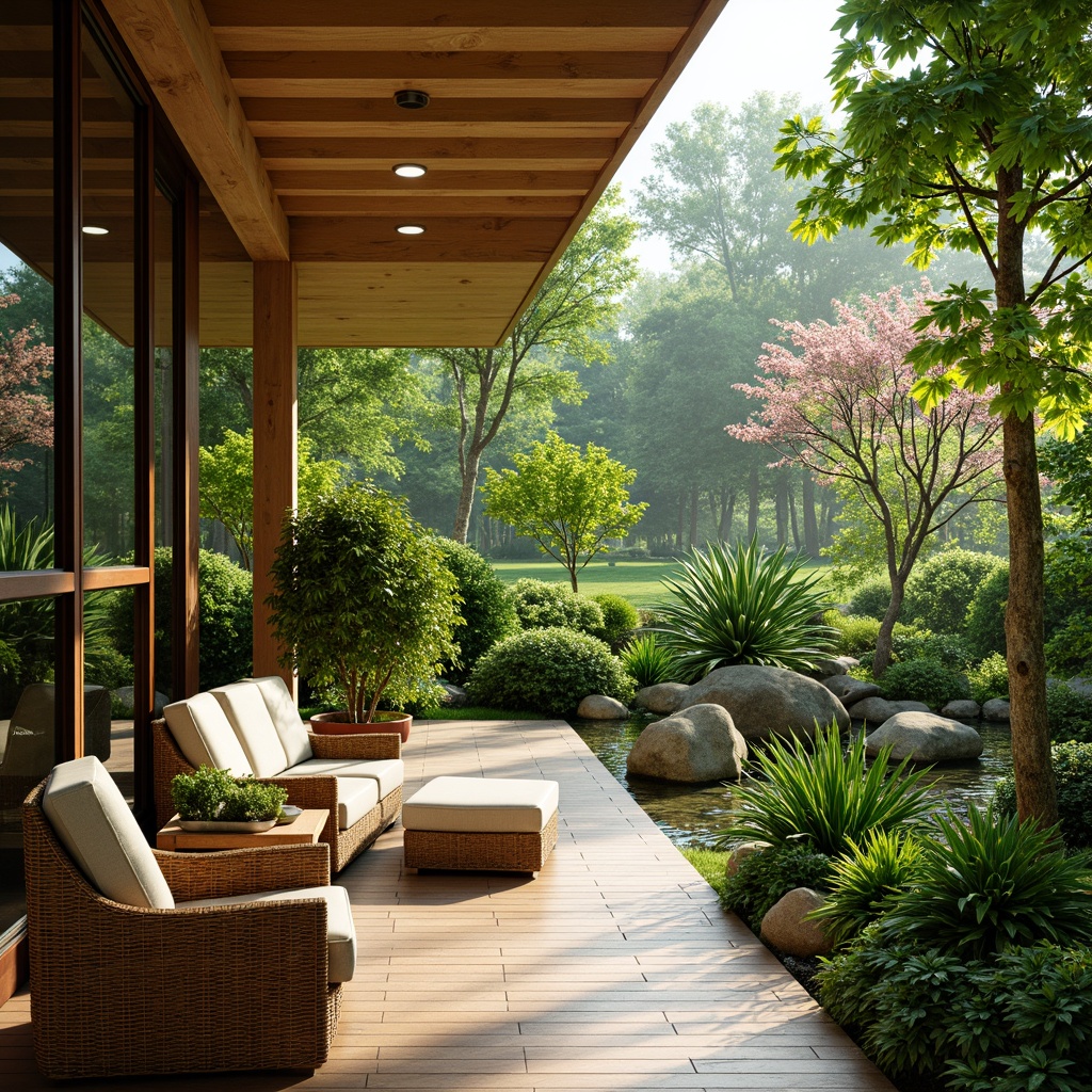 Prompt: Vibrant sunroom, lush greenery, exotic plants, wicker furniture, natural wood accents, sliding glass doors, minimal ornamentation, serene ambiance, soft warm lighting, shallow depth of field, 3/4 composition, panoramic view, realistic textures, ambient occlusion, Japanese-inspired decor, bamboo elements, cherry blossom motifs, bonsai trees, delicate petals, subtle aromas, misting systems.