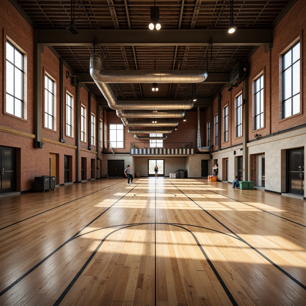 Prompt: Rustic gymnasium interior, maple wood flooring, polished concrete surfaces, athletic track lines, sports equipment silhouettes, metallic beams, industrial-style lighting, exposed ductwork, raw brick walls, modern minimalist design, natural ventilation systems, abundant daylight, high-contrast color scheme, dynamic camera angles, dramatic shadows, realistic material textures, shallow depth of field, 2/3 composition.