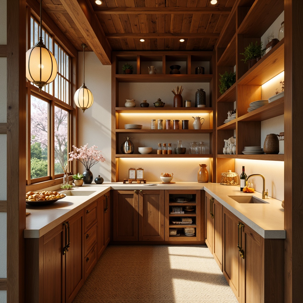 Prompt: Warm Asian-inspired pantry, natural wood cabinets, ornate metal hardware, soft warm lighting, pendant lamps with rice paper shades, subtle golden accents, ambient LED strips under shelves, warm beige countertops, traditional Japanese sliding doors, woven bamboo flooring, serene greenery, delicate cherry blossom patterns, gentle morning light, shallow depth of field, 1/2 composition, realistic textures, ambient occlusion.