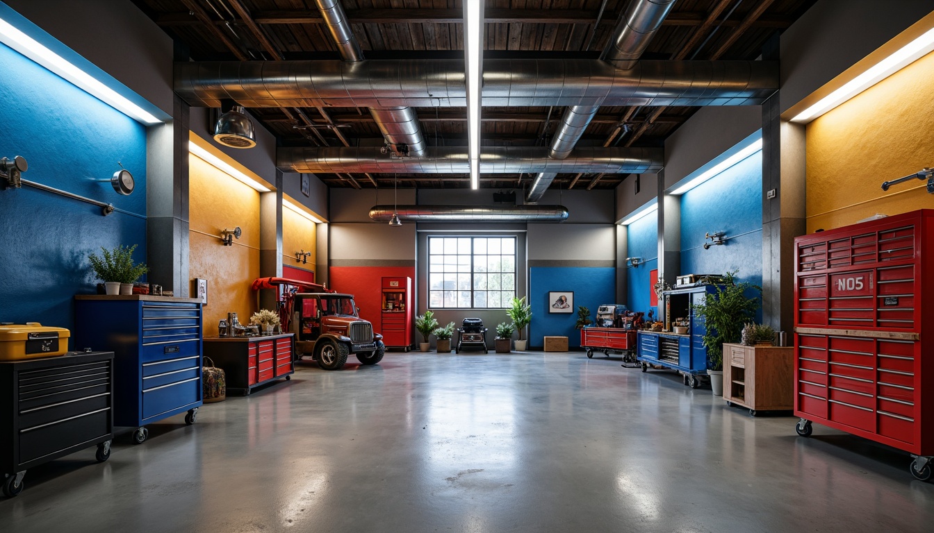 Prompt: Industrial garage interior, exposed ductwork, metallic accents, bright LED lighting, sleek epoxy floors, bold color blocking, vibrant tool storage, rustic wood tones, urban loft atmosphere, warm neutral backgrounds, deep blues and reds, high-gloss finishes, dramatic shadows, strong contrasts, 2/3 composition, symmetrical framing, cinematic lighting.