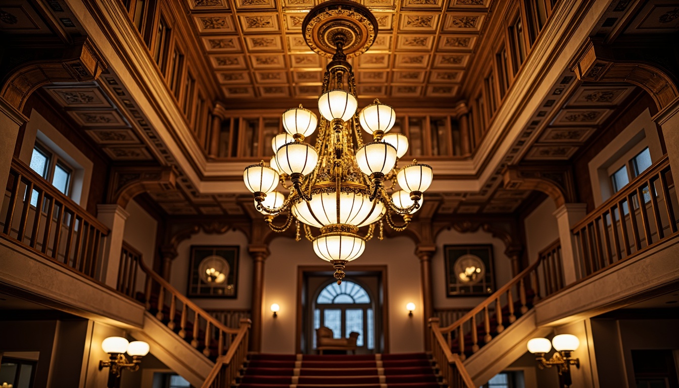 Prompt: \Opulent chandelier, ornate metalwork, flowing curves, stained glass shades, warm golden lighting, lavish Victorian-era mansion, intricate plaster ceiling, rich wood paneling, luxurious fabrics, grand staircase, majestic foyer, soft warm glow, dramatic shadows, 1/2 composition, shallow depth of field, realistic textures, ambient occlusion.\