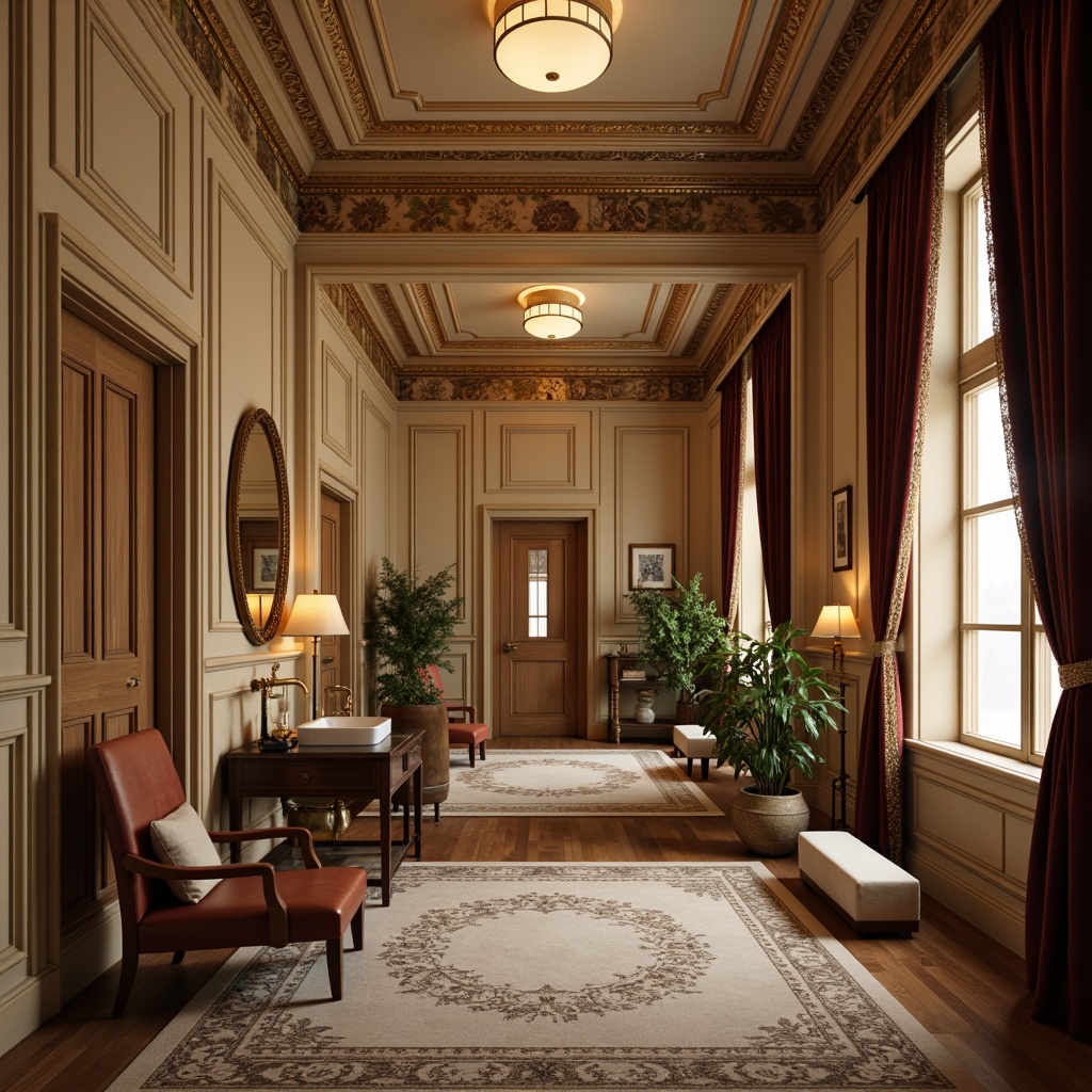 Prompt: Elegant powder room, soft warm lighting, rich wood paneling, ornate gold fixtures, luxurious velvet drapes, classic crown molding, subtle texture patterns, calm beige walls, sophisticated academic style, refined architectural details, decorative ceiling medallions, ornamental mirrors, vintage furniture pieces, distressed leather armchairs, antique rug patterns, subtle color palette, serene ambiance, soft focus blur, shallow depth of field, 1/2 composition.