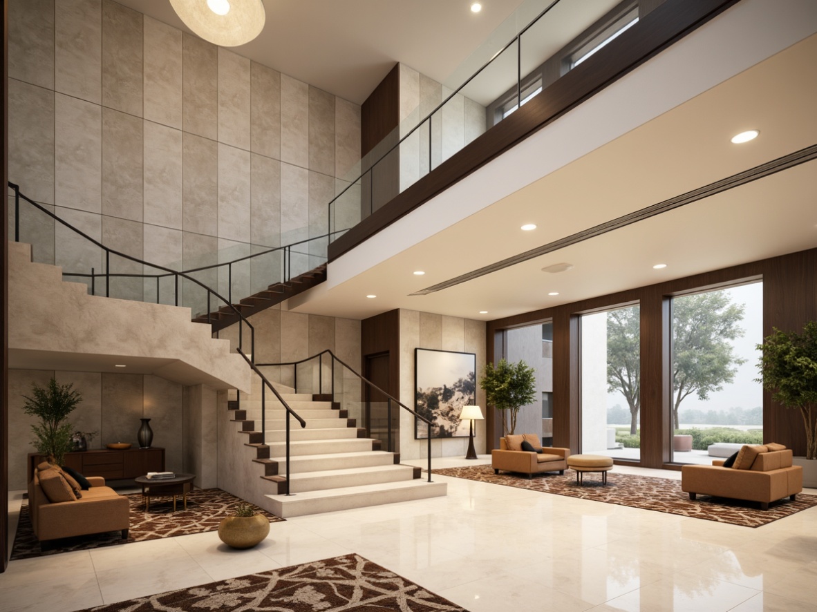 Prompt: Modern staircase, sleek metal railing, minimalist design, open-plan layout, luxurious ambiance, high-ceiling, natural stone walls, polished marble flooring, reflective glass accents, soft warm lighting, shallow depth of field, 3/4 composition, panoramic view, realistic textures, ambient occlusion, neutral color palette, creamy whites, rich wood tones, subtle texture contrasts, geometric patterned rugs, statement light fixtures.