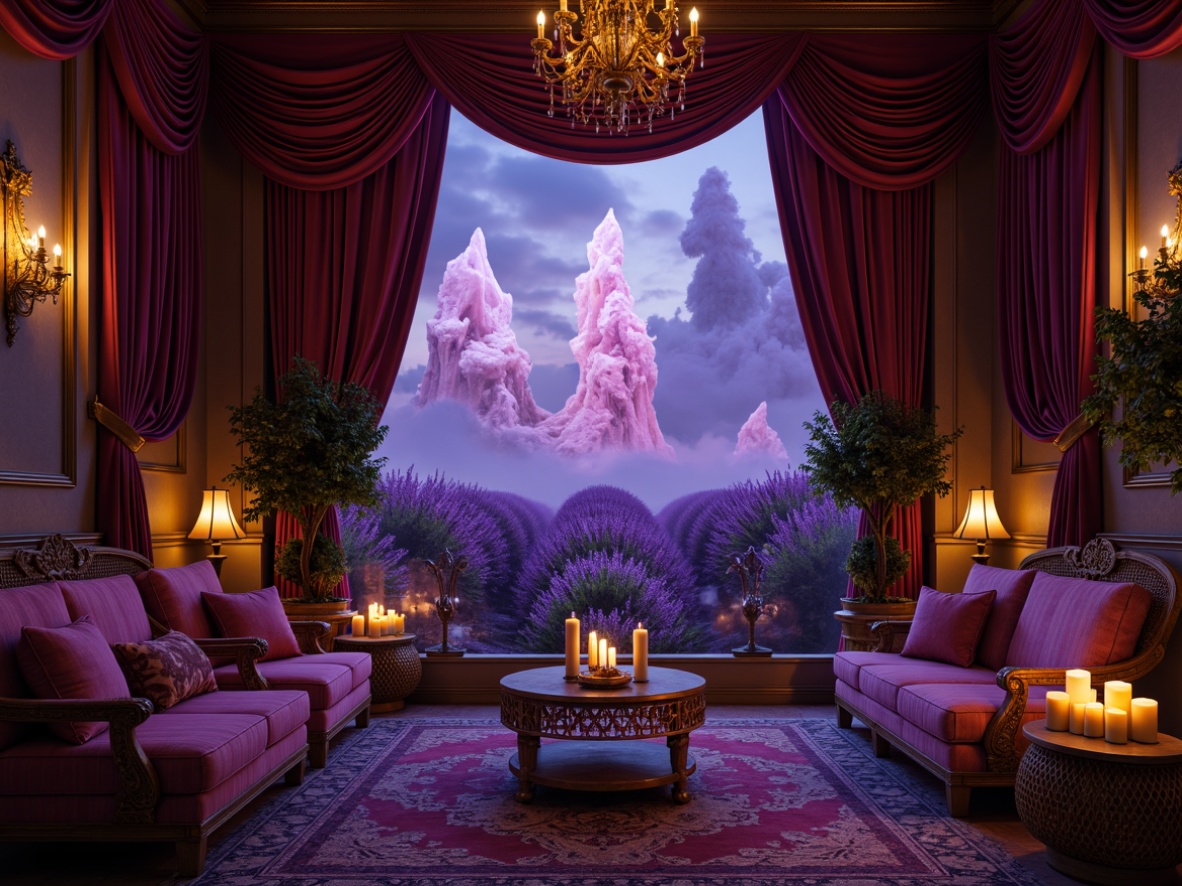 Prompt: Rich plum tones, luxurious velvet fabrics, lavish drapery, ornate golden accents, mystical crystal formations, enchanting lavender fields, whimsical twilight skies, soft warm candlelight, dramatic shadows, 1/2 composition, low-key lighting, mysterious ambiance, intricate textures, regal architecture, grandiose furnishings.