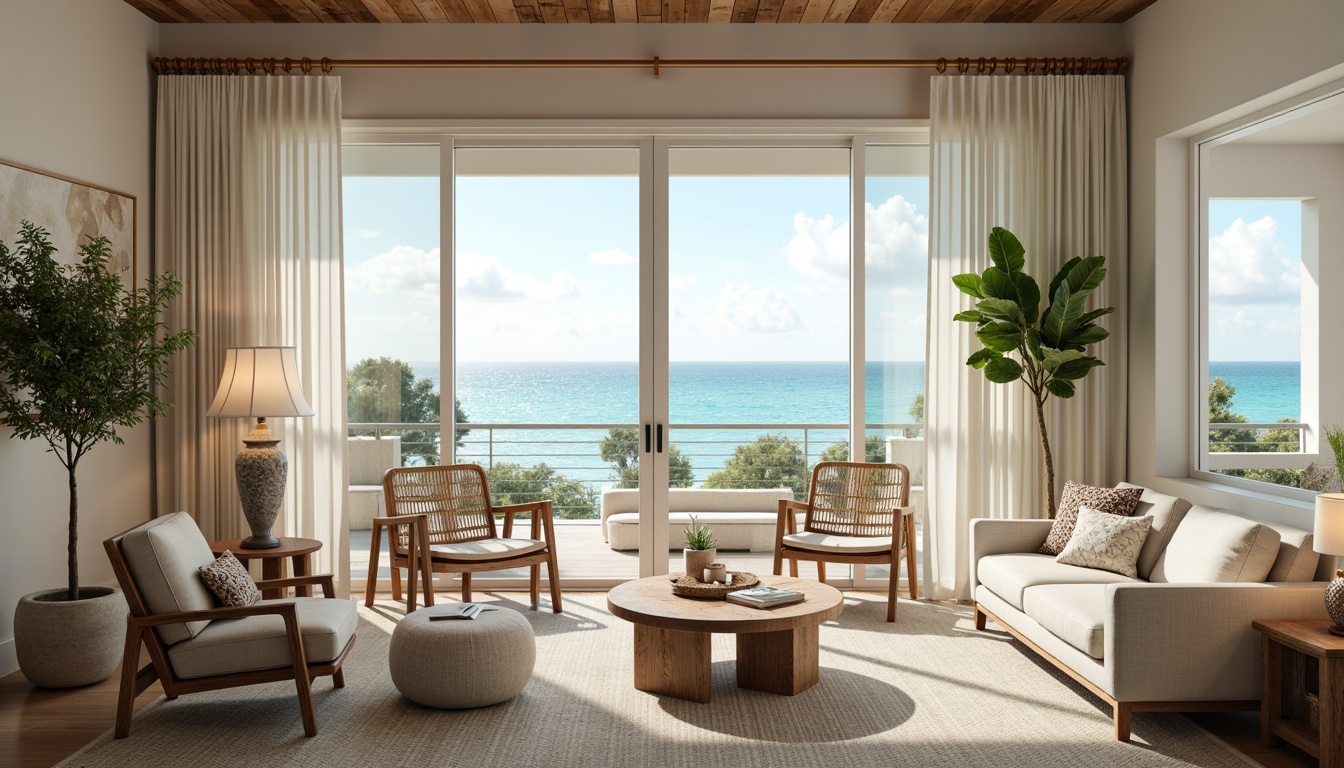 Prompt: Coastal living room, large windows, sliding glass doors, natural light pouring in, soft white curtains, beachy vibe, ocean views, calming atmosphere, wooden accents, driftwood furniture, sea salt air, nautical decor, coral patterns, turquoise hues, woven textiles, rattan chairs, potted palms, subtle color palette, warm beige tones, creamy whites, soft blues, layered lighting, table lamps, floor lamps, ambient glow, 1/2 composition, realistic textures, atmospheric perspective.