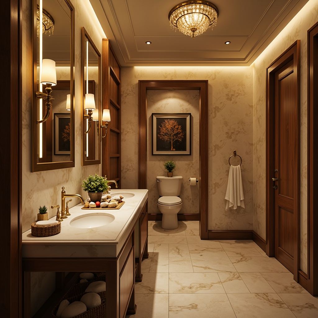 Prompt: Elegant powder room, soft warm lighting, luxurious marble countertops, ornate gold fixtures, crystal chandeliers, wall-mounted sconces, LED strip lights, ambient indirect illumination, subtle color temperature, high-contrast ratio, dramatic shadows, 1/2 composition, medium shot, realistic textures, soft focus, artistic blur, academic architectural style.