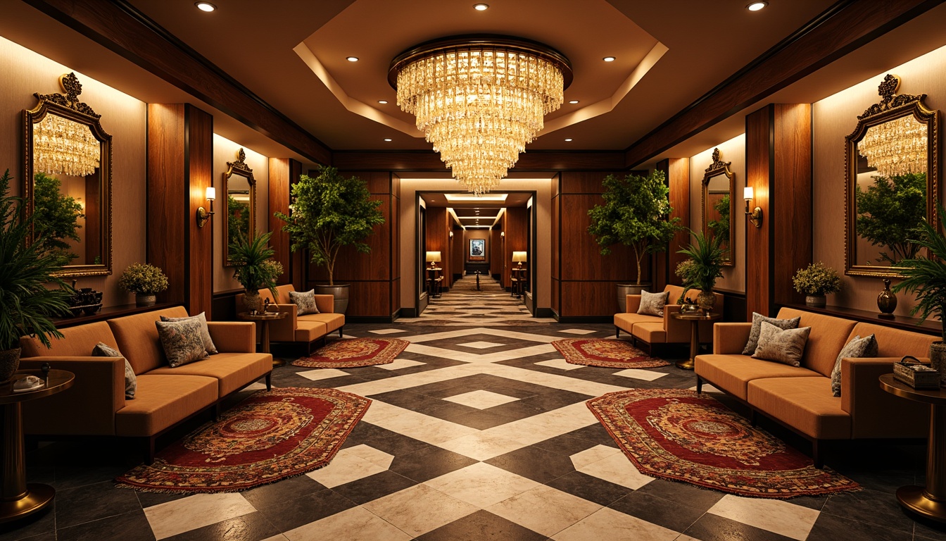 Prompt: Luxurious basement interior, Art Deco style, geometric patterns, chevron floors, hexagonal tiles, metallic accents, ornate mirrors, lavish chandeliers, velvet sofas, rich wood paneling, bronze fixtures, opulent rugs, sophisticated ambiance, warm golden lighting, shallow depth of field, 1/2 composition, symmetrical framing, realistic reflections, ambient occlusion.