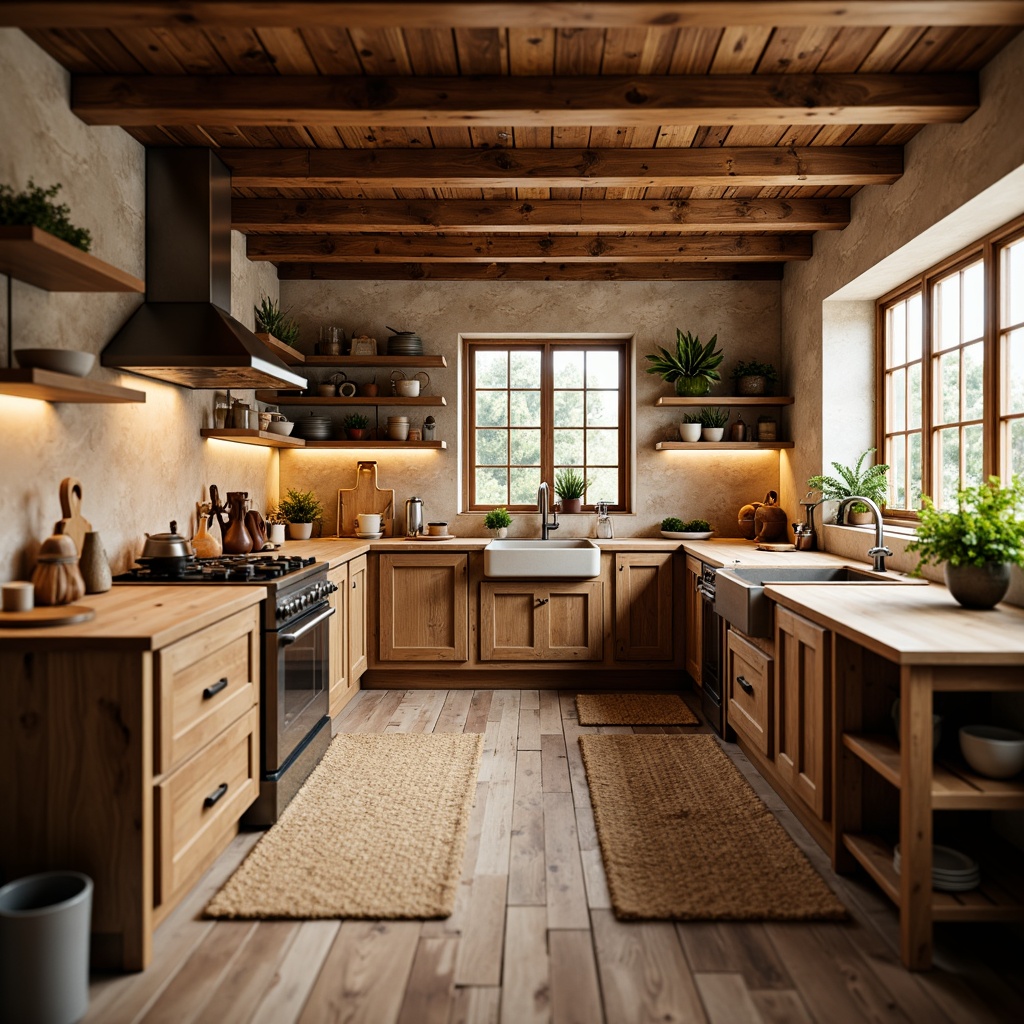 Prompt: Rustic kitchen, natural wood tone flooring, distressed wooden planks, earthy terracotta tiles, soft warm lighting, vintage appliances, farmhouse sink, exposed brick walls, reclaimed wood cabinets, woven jute rugs, potted greenery, warm beige color scheme, cozy atmosphere, shallow depth of field, 1/1 composition, realistic textures, ambient occlusion.