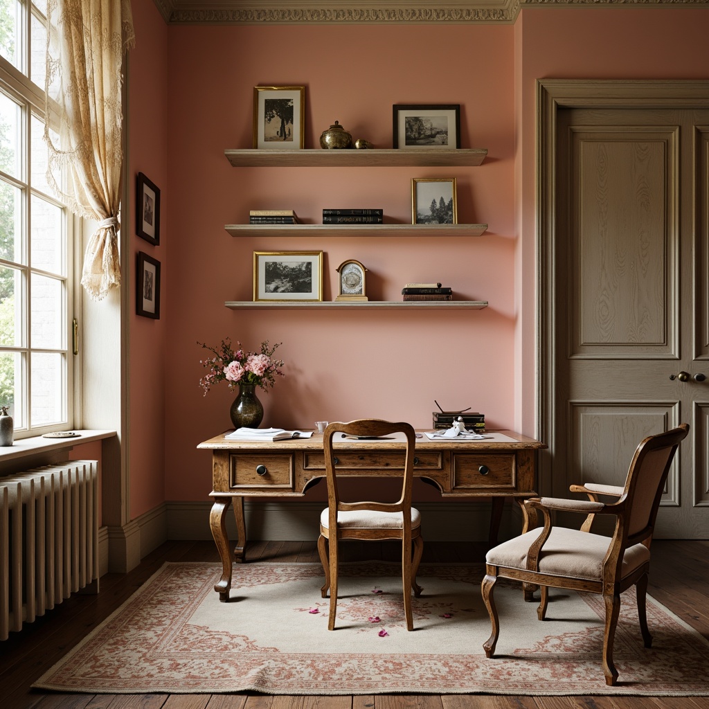 Prompt: Distressed wooden desk, vintage metal chair, soft peach walls, floral patterned rug, lace trimmed curtains, rustic wooden shelves, antique clock, distressed leather armchair, ornate gold frames, faded rose petals, warm beige lighting, shallow depth of field, 3/4 composition, panoramic view, realistic textures, ambient occlusion.