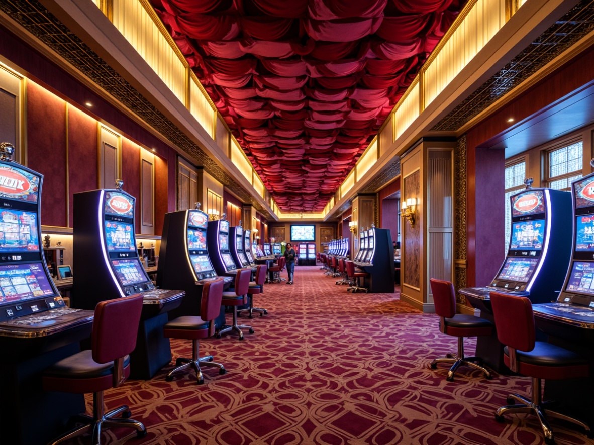 Prompt: Luxurious casino interior, rich velvet fabrics, ornate golden accents, flashy neon lights, bold colorful patterns, sleek marble floors, lavish chandeliers, intricate moldings, opulent furnishings, lavish decorations, vibrant LED displays, futuristic digital screens, glossy polished surfaces, reflective metallic finishes, dramatic spotlights, shallow depth of field, 1/1 composition, dynamic camera angles, high-contrast lighting, moody atmosphere.