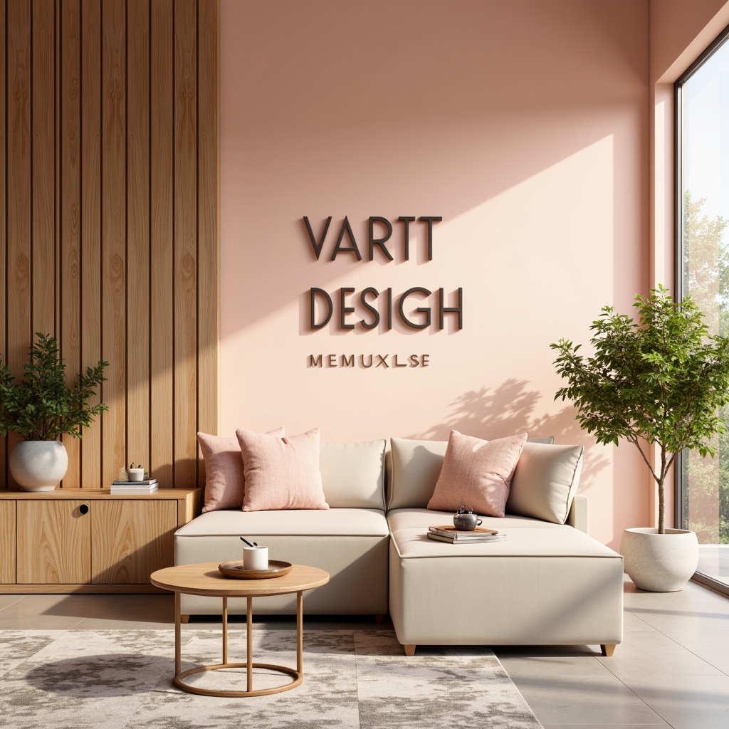 Prompt: Vibrant design studio, modern minimalist aesthetic, bold typography, pastel hues, soft peach tones, rich charcoal accents, creamy whites, natural wood textures, sleek metallic finishes, warm golden lighting, shallow depth of field, 1/1 composition, realistic renderings, ambient occlusion.