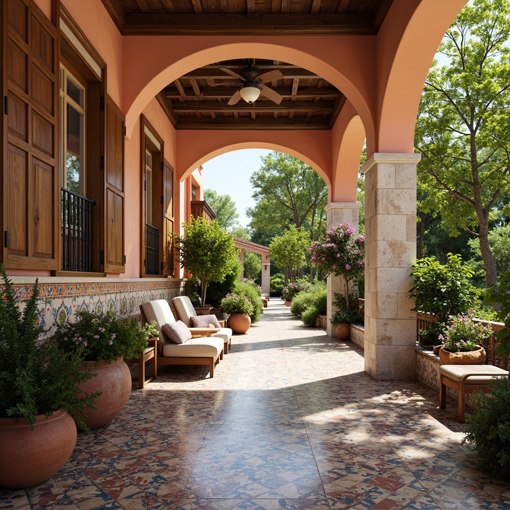 Prompt: Vibrant Mediterranean villa, curved archways, ornate tile work, colorful ceramics, natural stone walls, wooden shutters, wrought iron balconies, lush greenery, blooming flowers, rustic outdoor furniture, terra cotta pots, soft warm lighting, shallow depth of field, 3/4 composition, panoramic view, realistic textures, ambient occlusion.