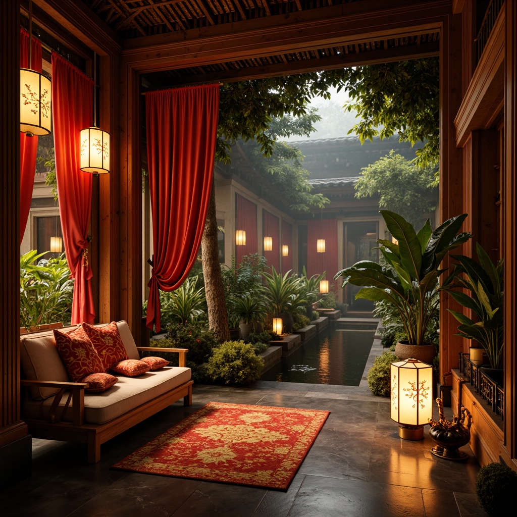 Prompt: Warm golden lighting, soft lanterns, delicate paper lamps, rich wood accents, dark polished stone floors, intricate carvings, vibrant red and gold textiles, lush greenery, natural materials, cozy intimate spaces, subtle ambient glow, warm candlelight, dramatic spotlights, Asian-inspired patterns, ornate metalwork, luxurious velvet fabrics, exotic plants, serene water features, soft misty atmosphere, 1/1 composition, shallow depth of field, realistic textures.