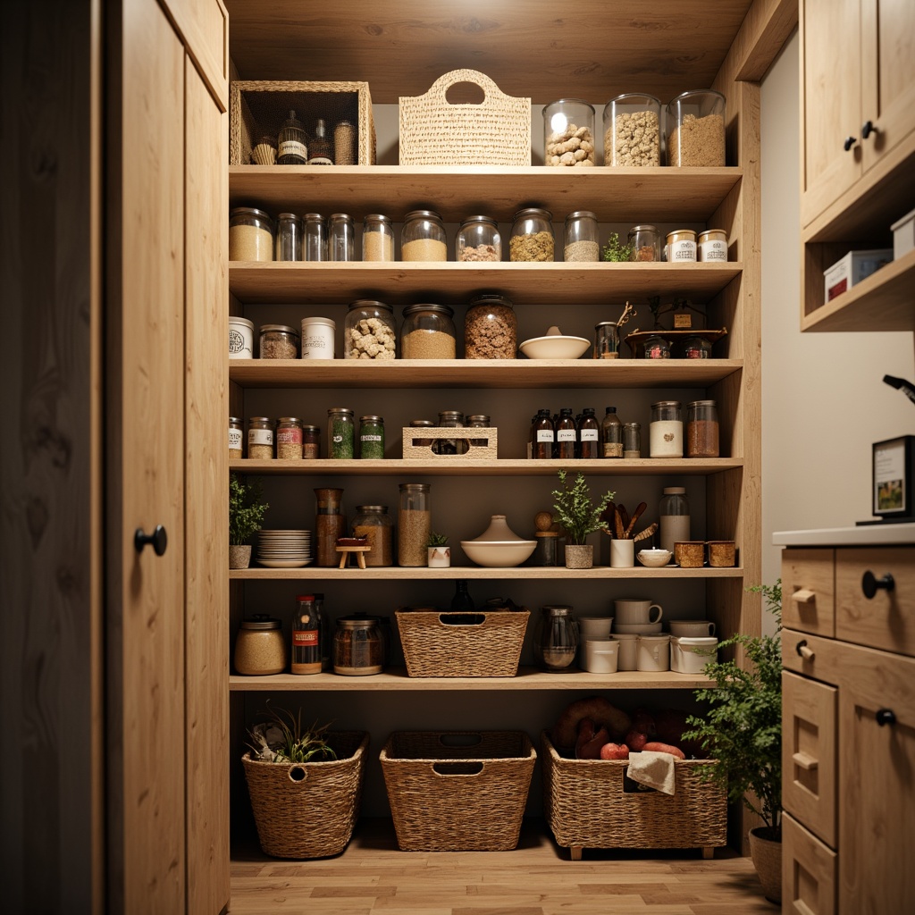 Prompt: Cozy pantry, compact shelving units, adjustable storage racks, transparent containers, label maker, spice organizers, canned goods, dry food storage, baskets with lids, wall-mounted shelves, pull-out drawers, soft-close cabinets, warm lighting, 1/1 composition, shallow depth of field, realistic textures, ambient occlusion.