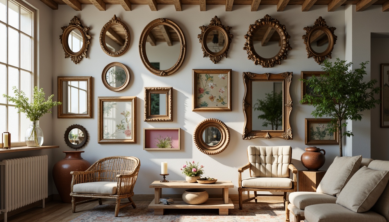 Prompt: Distressed wooden frames, vintage ornate mirrors, soft pastel hues, floral patterns, ruffled lace textures, antique furniture pieces, rustic wooden shelves, natural linen fabrics, woven baskets, earthy terracotta vases, warm candlelight, shallow depth of field, 1/1 composition, intimate atmosphere, realistic textures, ambient occlusion.