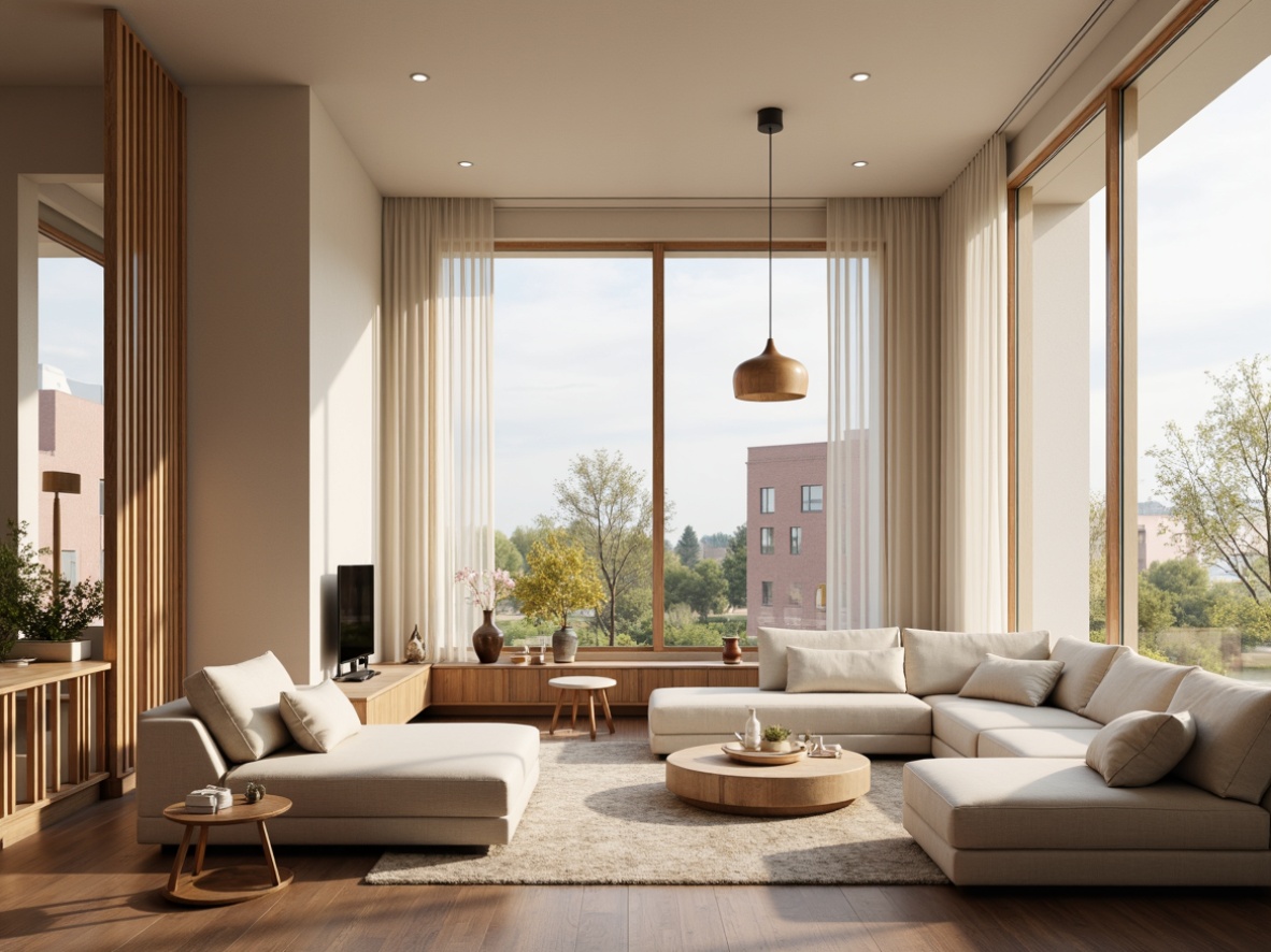 Prompt: Cozy living room, soft warm lighting, natural wood accents, minimal ornamentation, pale color palette, creamy whites, light grays, beige tones, Nordic-inspired furniture, sleek lines, organic shapes, floor-to-ceiling windows, sheer curtains, indirect illumination, table lamps, pendant lights, candlelight, ambient glow, subtle shading, 1/1 composition, atmospheric perspective, realistic textures, soft focus.