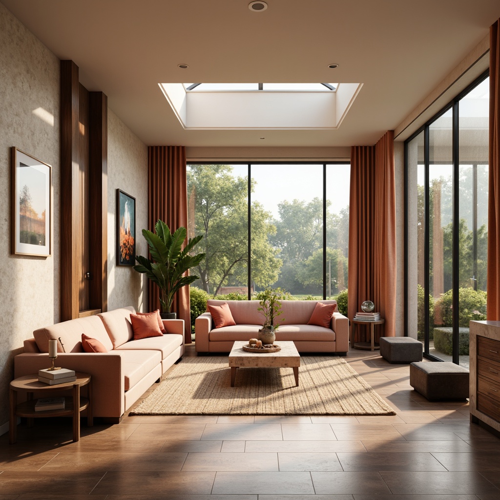 Prompt: Cozy living room, warm beige walls, rich walnut wood furniture, plush velvet sofa, soft peach accents, elegant marble countertops, natural woven rugs, floor-to-ceiling windows, abundant sunlight, gentle morning light, subtle warm shadows, 1/1 composition, soft focus, realistic textures, ambient occlusion.