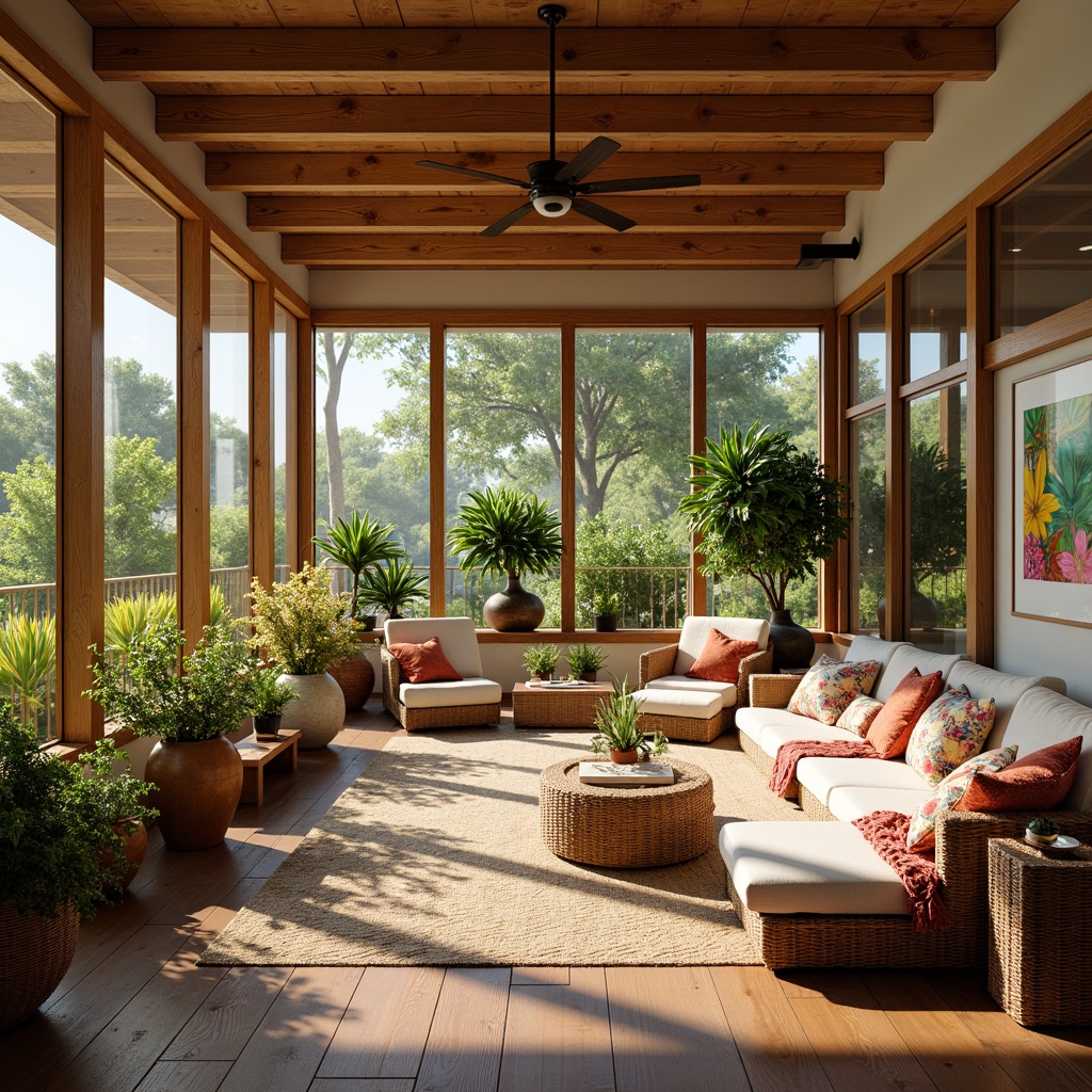 Prompt: Cozy sunroom, abundant natural light, comfortable wicker furniture, plush cushions, vibrant floral patterns, warm wooden accents, large windows, sliding glass doors, lush greenery views, tropical plants, bright colorful artwork, soft warm lighting, 1/1 composition, realistic textures, ambient occlusion.