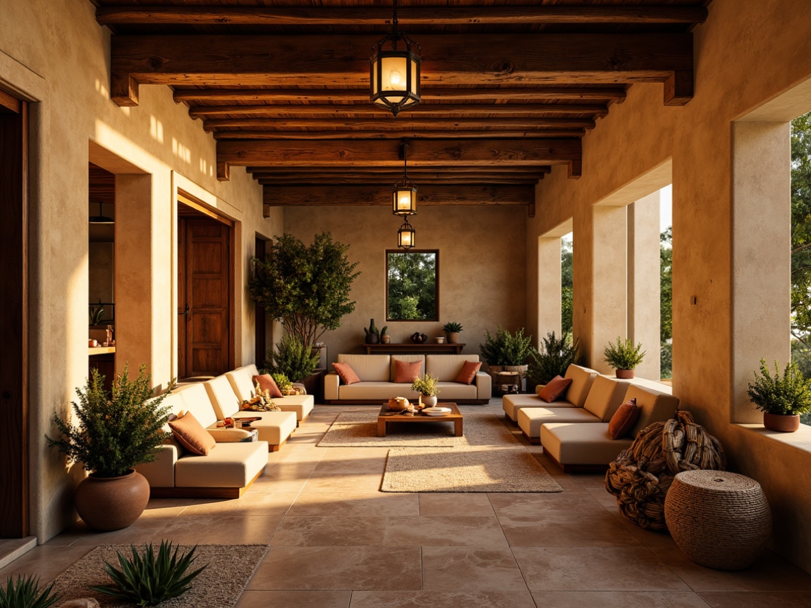 Prompt: Warm Mediterranean ambiance, soft golden lighting, rustic wooden beams, elegant chandeliers, ornate metal lanterns, warm-toned pendant lights, distressed finishes, earthy color palette, terracotta pottery, natural fabrics, woven baskets, plush area rugs, comfortable seating areas, cozy nooks, subtle texture variations, ambient shadowing, 1/2 composition, shallow depth of field, realistic material reflections.