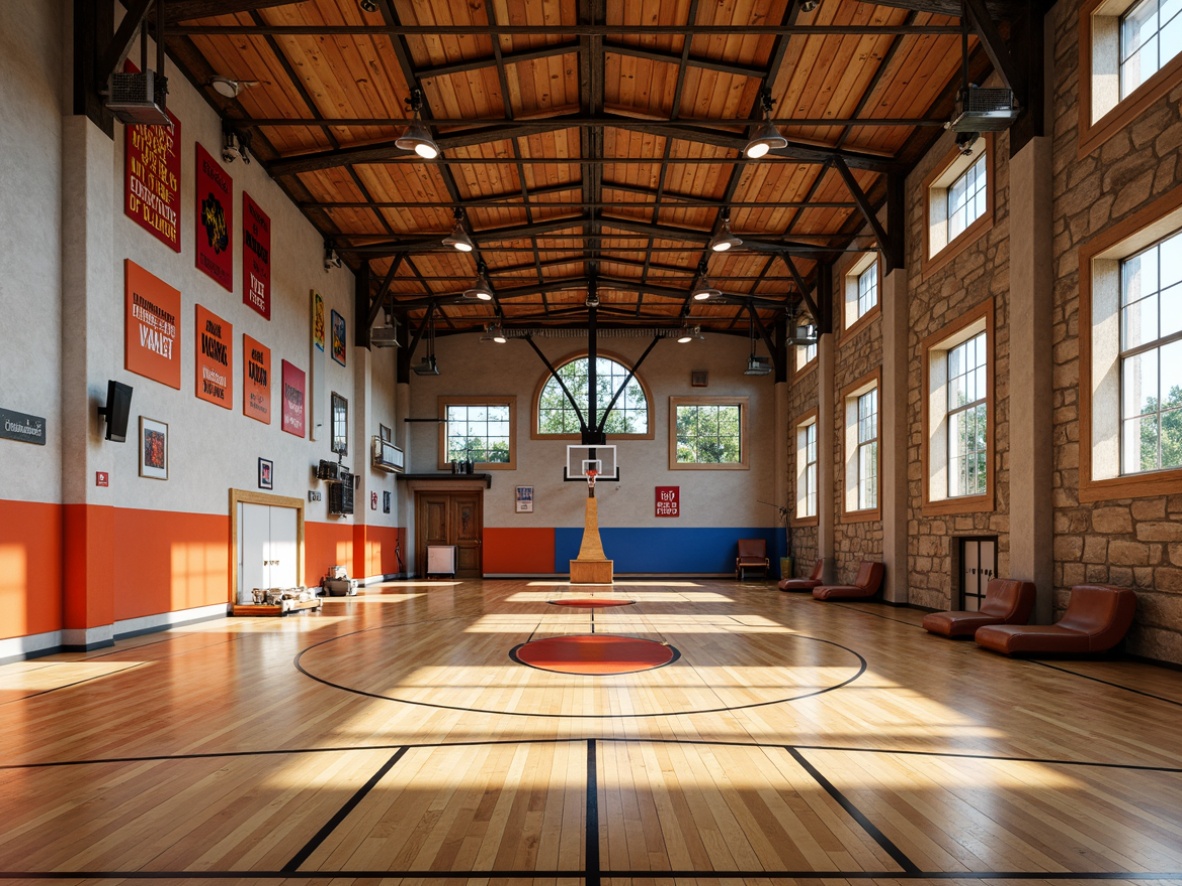 Prompt: Rustic gymnasium interior, polished wooden flooring, sports equipment, basketball hoops, athletic tracks, vibrant color schemes, motivational quotes, natural stone walls, industrial metal beams, high ceilings, large windows, abundant natural light, soft warm lighting, shallow depth of field, 3/4 composition, realistic textures, ambient occlusion.