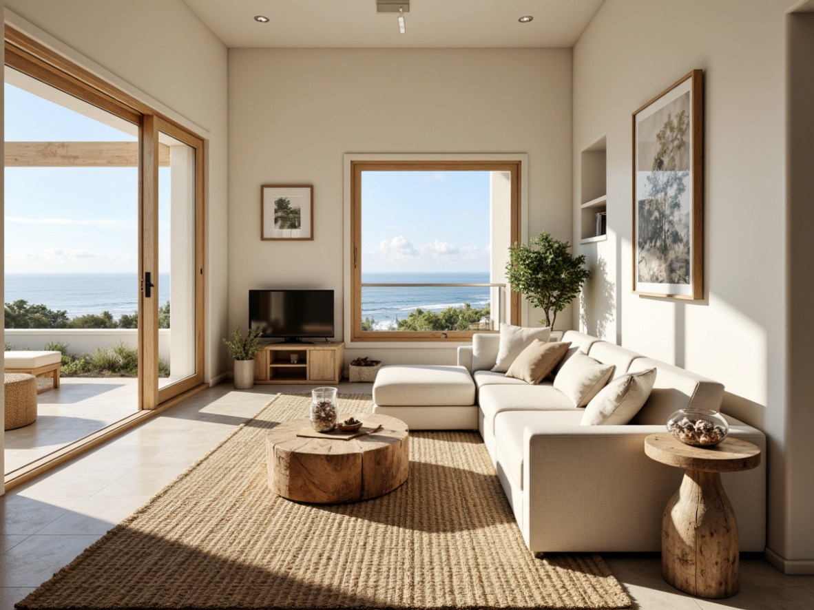 Prompt: Coastal living room, soft creamy walls, white wood accents, natural linen upholstery, woven jute rugs, driftwood coffee tables, shell-filled glass vases, ocean-inspired artwork, floor-to-ceiling windows, sliding glass doors, unobstructed beach views, bright morning light, warm afternoon sunbeams, soft ambient illumination, 1/1 composition, shallow depth of field, realistic textures, subtle shadows.