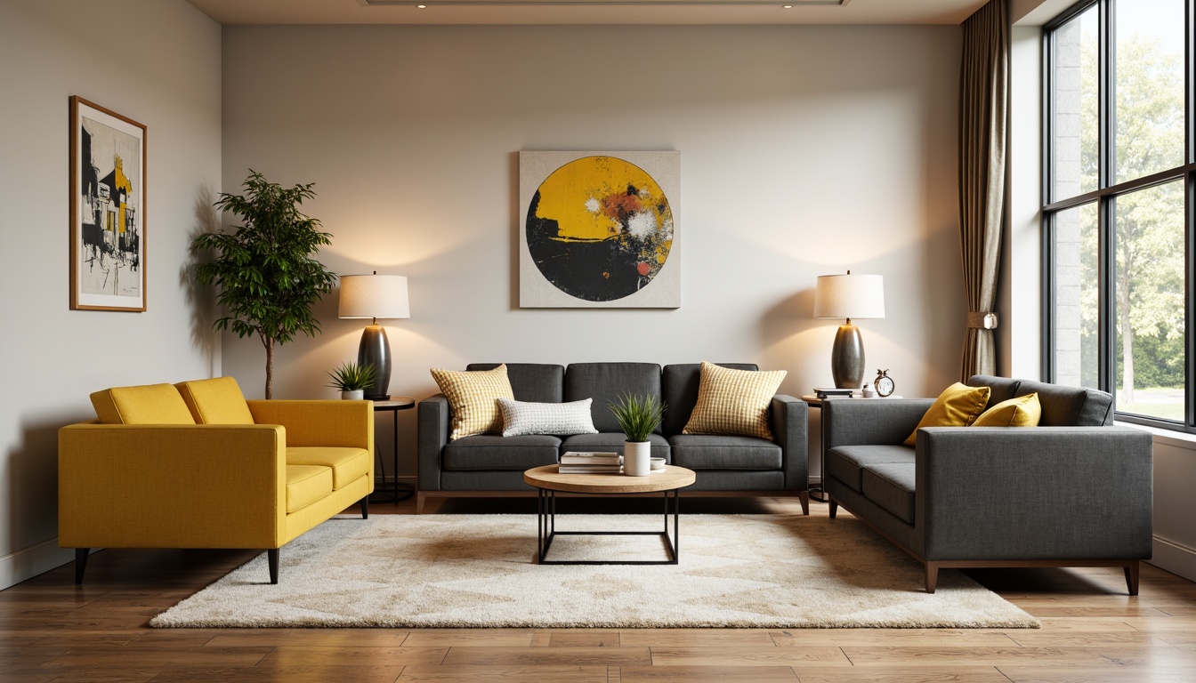 Prompt: Vibrant contemporary living room, neutral beige walls, rich charcoal grey sofas, bold yellow accent chairs, natural wood coffee tables, sleek metal floor lamps, plush cream-colored rugs, geometric patterned throw pillows, modern abstract artwork, large windows, soft warm lighting, shallow depth of field, 1/1 composition, realistic textures, ambient occlusion.