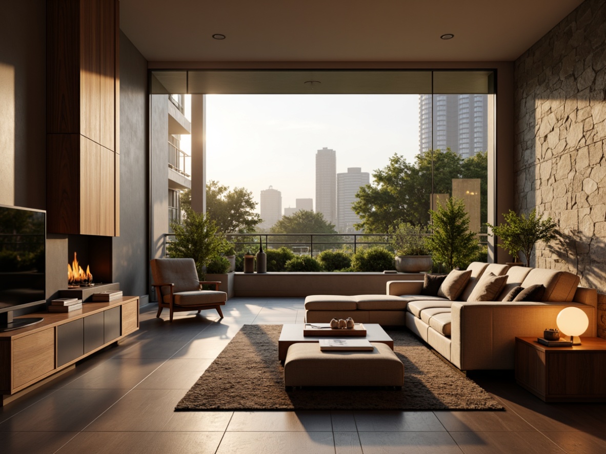 Prompt: Modern living room, sleek furniture, minimalist decor, warm ambient lighting, floor lamps, table lamps, pendant lights, soft diffused light, LED strips, hidden illumination, cozy atmosphere, plush textiles, wooden flooring, natural stone walls, cityscape views, large windows, sliding glass doors, greenery, afternoon sunbeams, 1/1 composition, realistic reflections, subtle color grading.