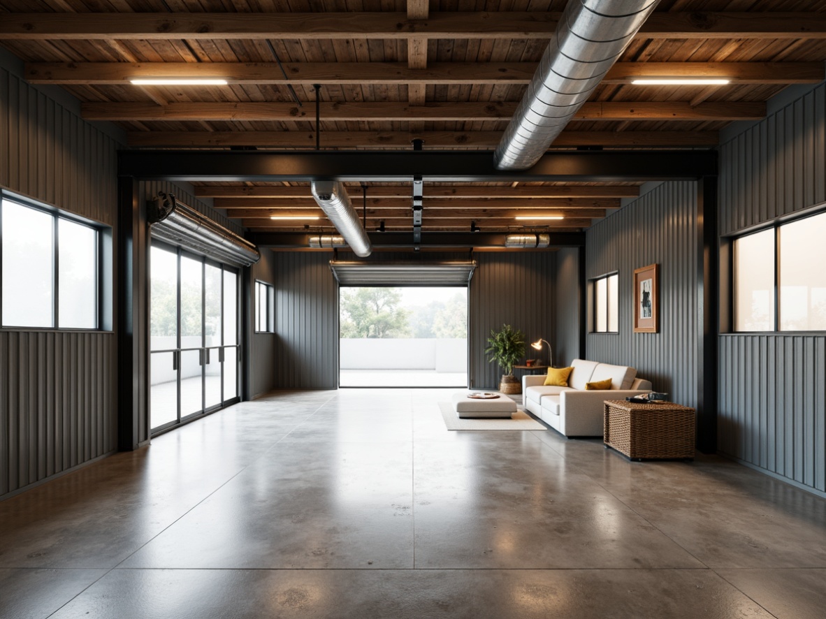 Prompt: Modern garage, industrial metal walls, polished concrete floors, epoxy resin coatings, rustic wooden accents, steel beams, minimalist lighting fixtures, sleek aluminum doors, frosted glass windows, natural ventilation systems, urban loft-style design, warm neutral color palette, soft ambient lighting, shallow depth of field, 3/4 composition, realistic textures, ambient occlusion.