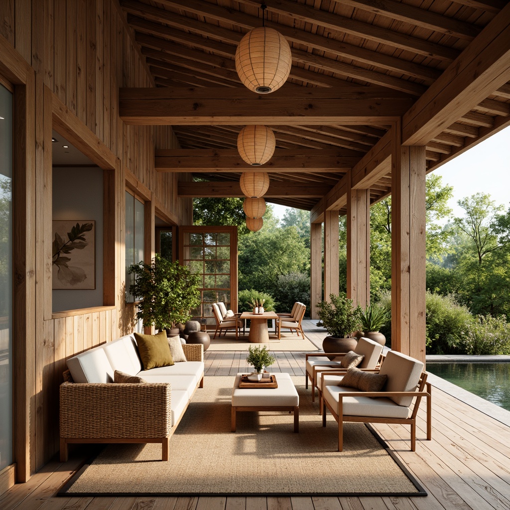 Prompt: Rustic wooden beams, distressed wood flooring, natural wood tones, Asian-inspired paper lanterns, woven bamboo furniture, earthy terracotta pots, lush greenery, traditional Japanese sliding doors, modern farmhouse layout, open-plan living area, minimalist decor, warm ambient lighting, shallow depth of field, 1/1 composition, realistic textures, ambient occlusion.