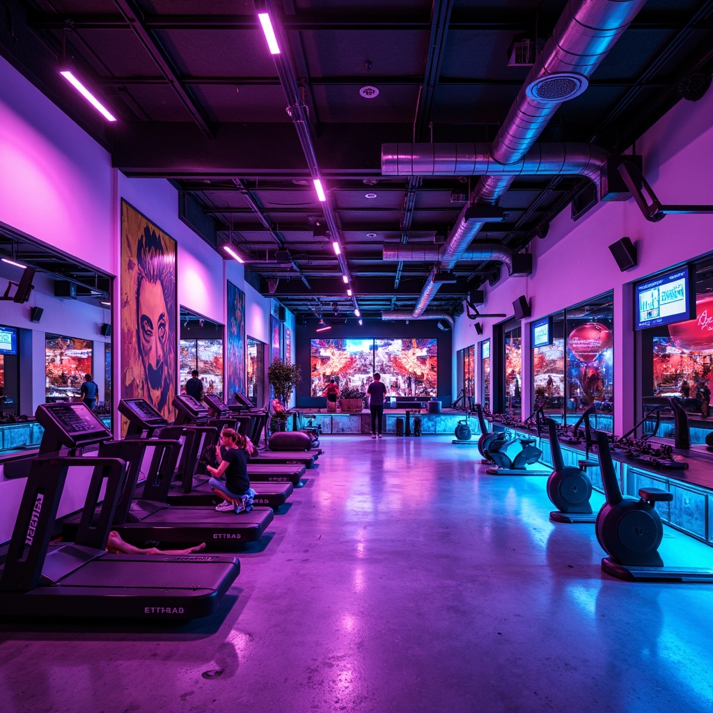 Prompt: Vibrant fitness club, neon-lit corridors, bold color scheme, industrial-chic decor, exposed ductwork, polished concrete floors, metallic accents, futuristic lighting fixtures, dynamic shadows, high-contrast illumination, dramatic spotlights, LED strips, glow-in-the-dark elements, avant-garde artwork, irregular shapes, fragmented mirrors, postmodernist architecture, angular lines, abstract patterns, urban loft atmosphere, energetic ambiance, intense workout zones, dynamic sound systems, motivational quotes, sleek equipment, modern exercise machines.