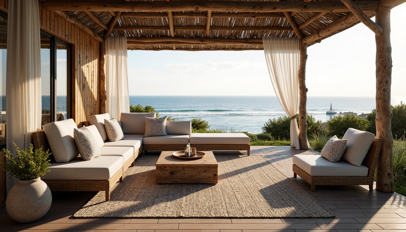 Prompt: Cozy beachside patio, driftwood accents, plush sectional sofas, soft cushions, nautical ropes, natural fiber rugs, woven wicker furniture, sea-inspired decorative pillows, calming ocean views, gentle sea breeze, warm sunny day, soft golden lighting, shallow depth of field, 1/1 composition, intimate atmosphere, realistic textures, ambient occlusion.