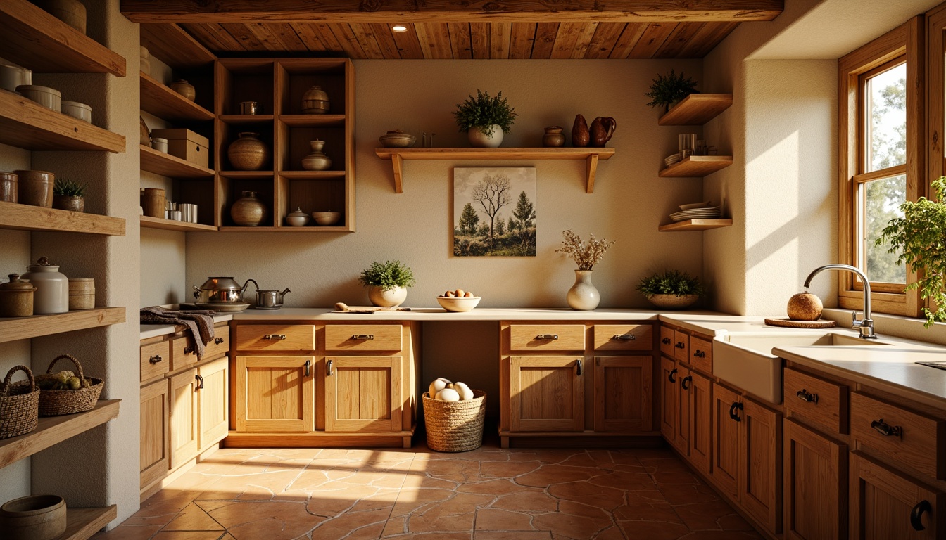 Prompt: Warm and inviting pantry, soft golden lighting, rich wood cabinetry, creamy white countertops, earthy terracotta flooring, vintage metal hardware, rustic wooden crates, woven baskets, warm beige walls, distressed finishes, natural textures, cozy nooks, ambient shadows, shallow depth of field, 2/3 composition, realistic reflections, soft focus.